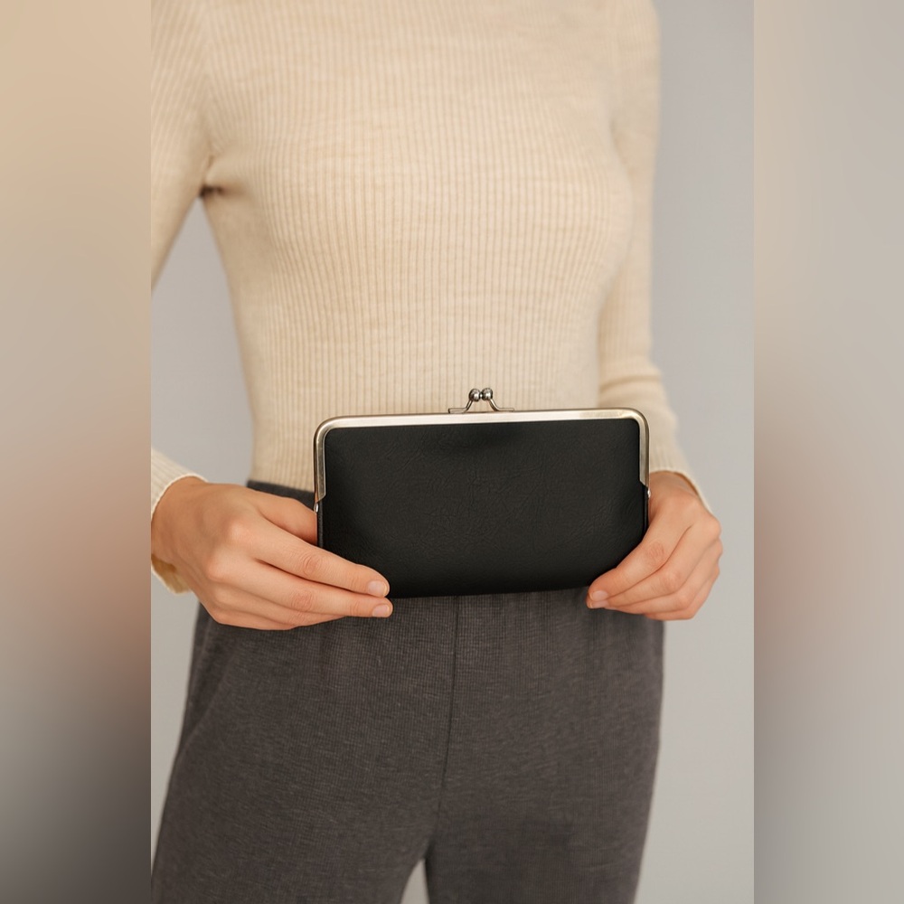 Ardene Black Faux Leather Clutch Wallet | Silver Clasp Organizer Wristlet